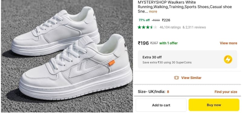 🔥  Men's White Sneakers at ₹226