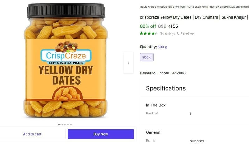 🔥  Yellow Dry Dates, 500gm @ ₹155