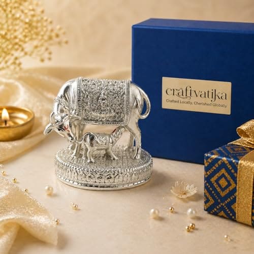 🛒 CraftVatika 999 Pure Silver-Plated Kamdhenu Cow with Calf Idol Statue 2.5 Inch Vastu Home Decor for Pooja Room & Mandir, Home Decoration Items, House warming Gifts, Anniversary Wedding Gifts for Women