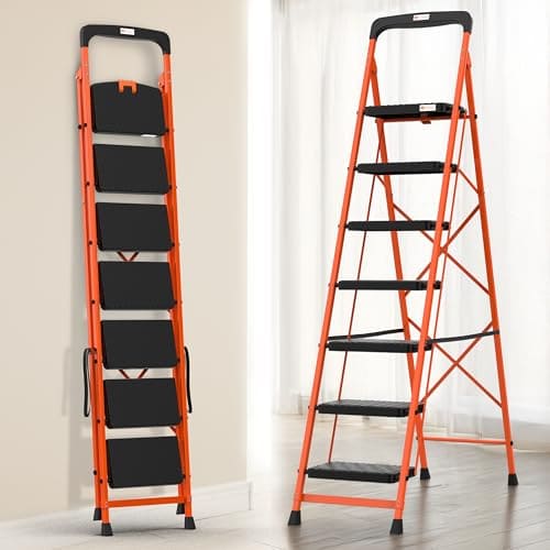 🛒 BonKaso Climb Easy 7 Step Foldable Steel Kitchen Ladder for Indoor & Outdoor use with Safety Clutch Lock, Anti-Slip Wide Durable Plastic Steps, Support Handle & Tool Tray (Orange & Black)