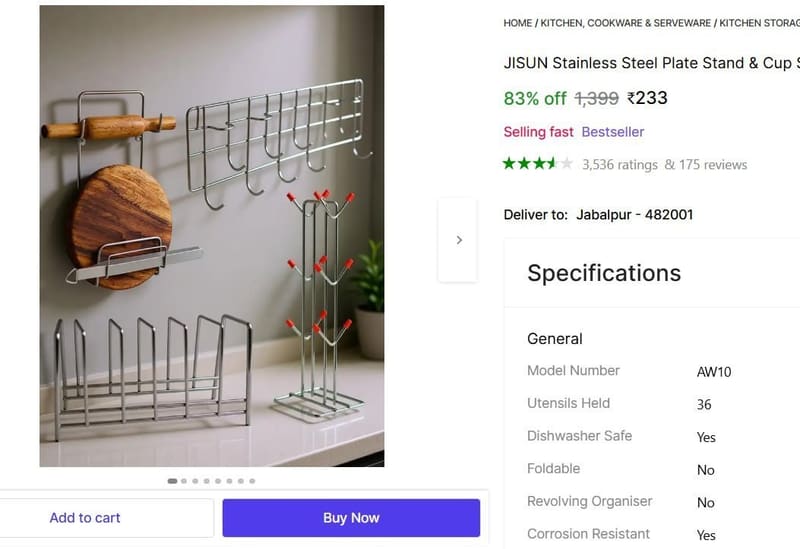 🔥  1 Small Plate Stand, 1 Cup Stand, 1 Chakla Belan Stand, 1 Hook Rail @ ₹233