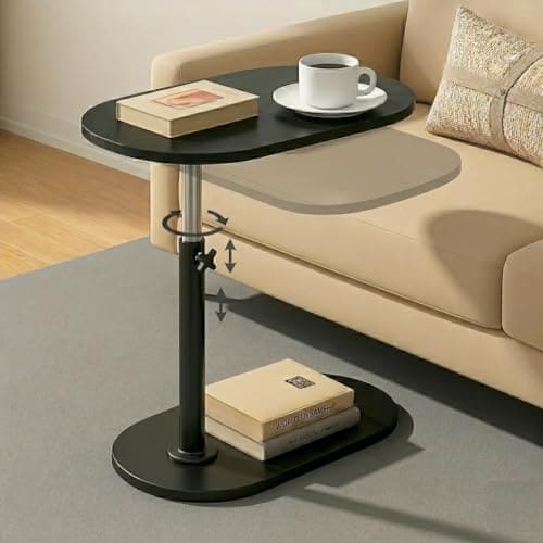 🛒 MTANK Adjustable Table Stands Couch Side Table, Swivel TV Tray Table, 360° Top Moving C-Shaped End Table, Slides Under Couch Side Stand| (Black, Shinning), Engineered Wood