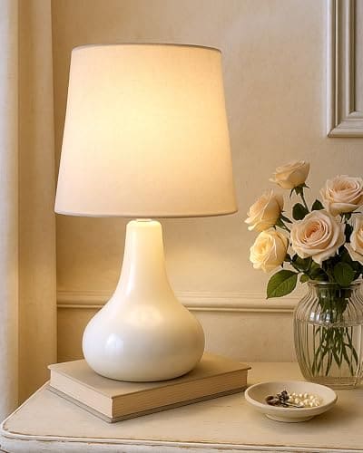 🛒 Homesake® Modern Small Ceramic Table Lamp, Warm Light Classic Bedside Desk Lamp for Living Room Bedroom Dining, Restaurant, Farmhouse Nightstand Study Lamps with Fabric Shade (White)