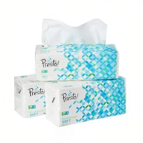 🛒 Amazon Brand - Presto! 2 Ply Facial Tissue Box | 600 Pulls | 200 Pulls X 3 Cartons | Soft And Highly Absorbent | 100% Natural Virgin Cellulose Fiber
