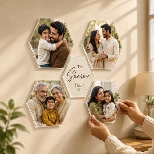 🛒 SNAPTRAP Customized Hexagon Acrylic Photo Frame for Wall Decor | Personalized Acrylic Wall Photo | Custom Photo Collage Frame | Frameless Peel & Stick Family Picture Wall Art Gift (Hexagon, Small)