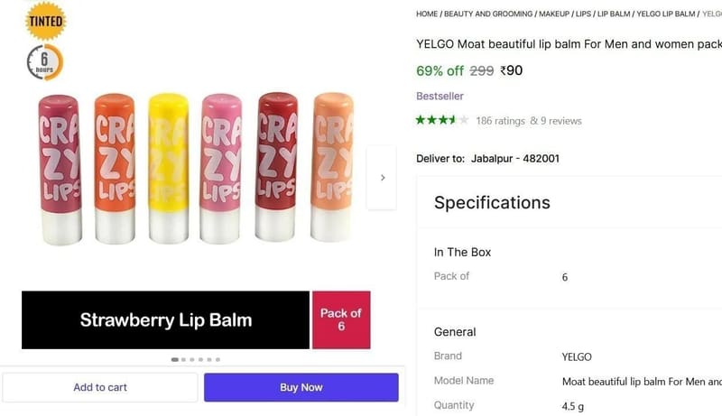 💥 Lip balm Pack of 6 @ ₹90