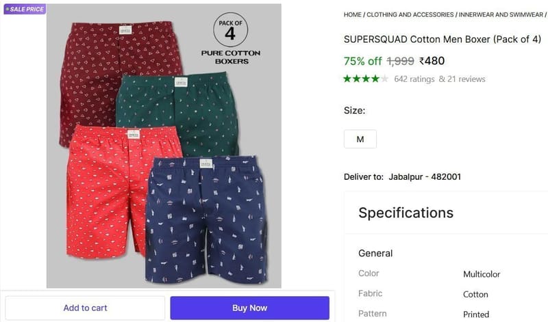 🔥  Cotton Men Boxer (Pack of 4) @ ₹480