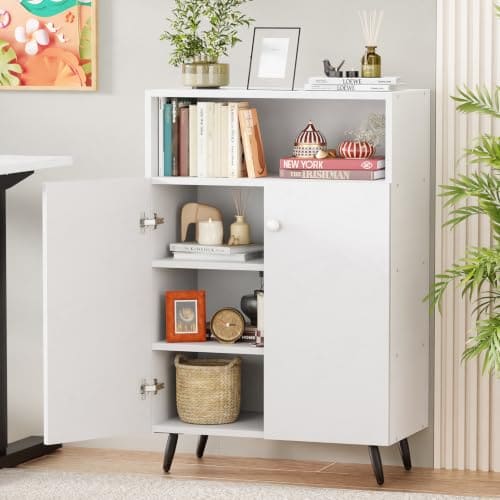 🛒 Lukzer Wooden Book Shelf & Storage Cabinet with White Doors (MR-034/White) Engineered Wood Bookshelf for Home, Bedroom, Office & Kitchen, Multipurpose Books Organizer & Display Rack (90x30x60 cm)