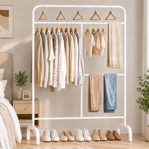 🛒 Lukzer Multi-Purpose Metal Garment Stand with Multi-Level Hanging Bars | Coat Hanger, Wardrobe Organizer, Durable Metal Clothes Stand for Home and Bedroom Storage | MGS-005/White/145 x 109 x 40 cms