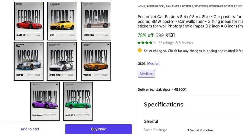 🔥  Car Posters Set of 8 A4 Size @ ₹131