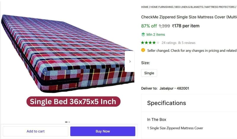 🔥  Zippered Single Size Mattress Cover (Multicolor) @ ₹178