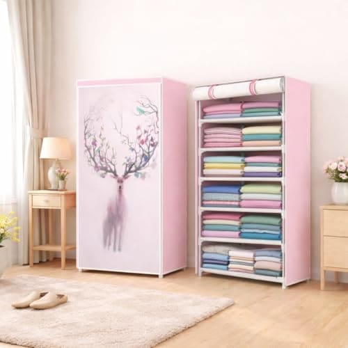 🛒 CMerchants Portable Collapsible Wardrobe for Clothes Storage – Foldable Cloth Organizer Cupboard with Shelves for Bedroom & Home (Durable, Space Saving Design) (Nature Animal Print, 6-Layer)