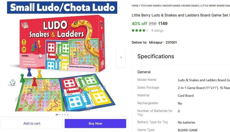 🔥  Ludo & Snakes and Ladders Board Game Set @ ₹149