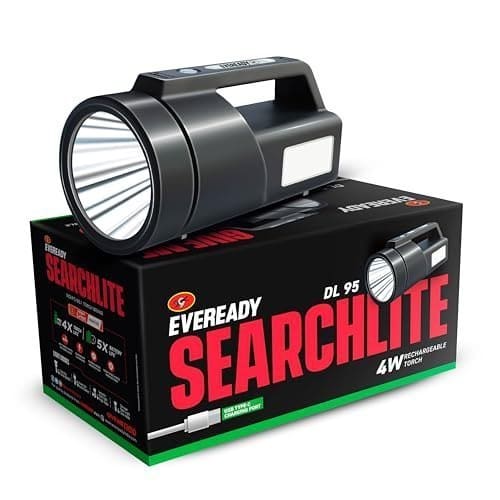 🛒 EVEREADY SEARCHLITE DL95, Rechargeable 4W Torch Cum 4W Emergency Sidelight, Type-C USB Fast Charging, Glow-in-THE-Dark Strip, Overcharge & Deep Discharge Protection | Fluorescent