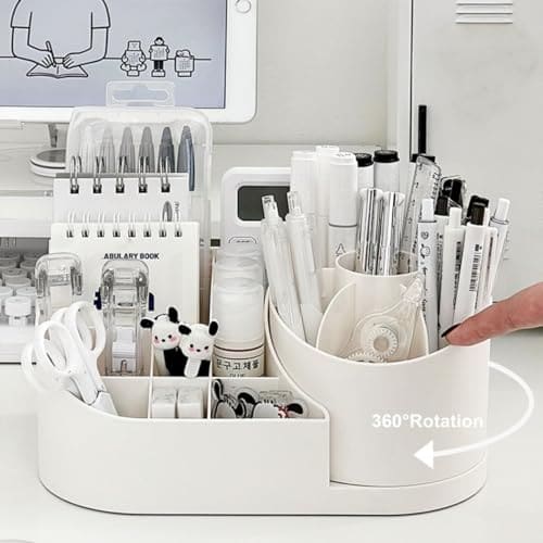 🛒 TRUBILLION Revolve 360 Degree Rotating Office Desk and Makeup Brush Organizer Stand, Multipurpose Organizer with 16 Compartments for Brushes, Pens, Stationary – Durable, No Installation Needed (White)