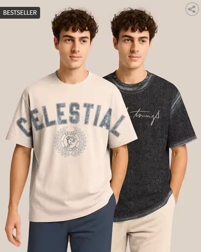 🔥 BULLMER Men Pack of 2 Graphic Print Oversized Fit Round-Neck T-Shirts