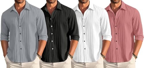 🛒 FINIVO FASHION Combo of Men's Casual Cotton Plain Button Down Shirt Long Sleeve Textured Summer Beach Shirt for Men Pack of 4