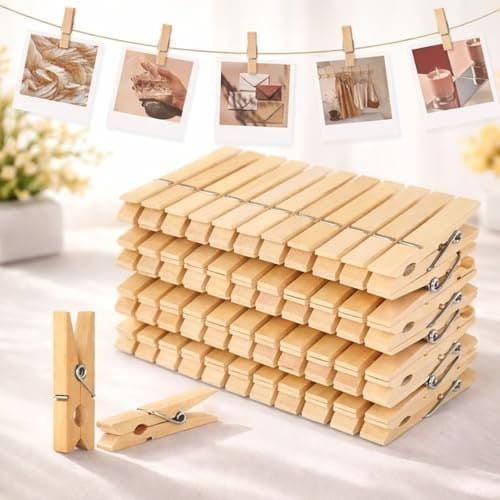 🛒 PulGos 𝟔𝟎 𝐩𝐜𝐬 Bamboo Cloth Clips for Drying Clothes | Heavy Duty Wooden Pegs Strong Grip Cloth Pins for Laundry Rope/Rod Chimti | Multipurpose Clip for Home Kitchen Art Craft & DIY Projects