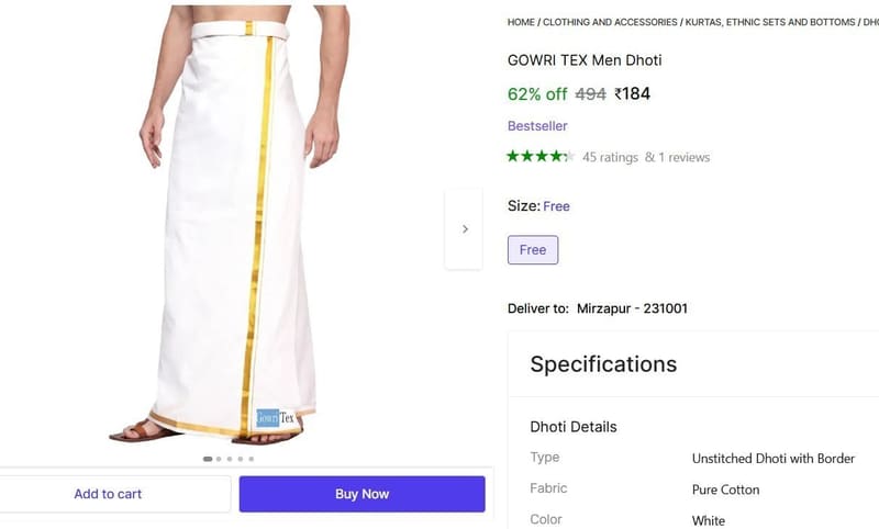 🔥  Unstitched Dhoti with Border @ ₹184