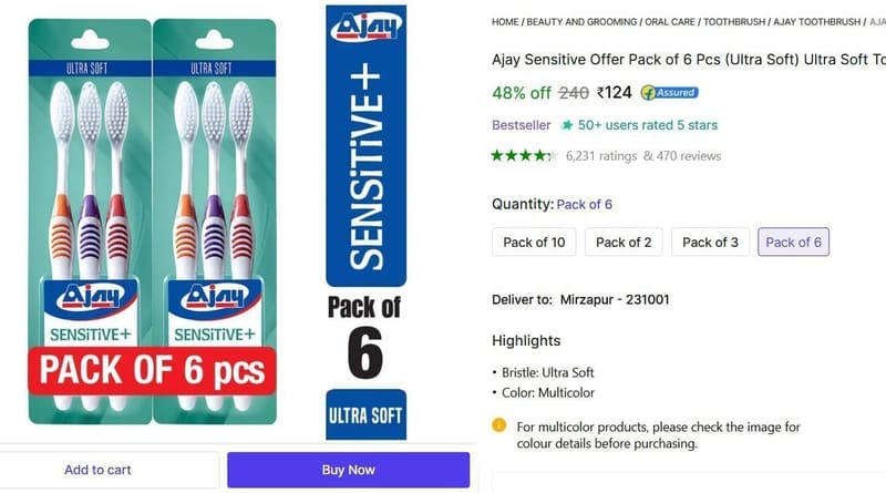 🔥  Ultra Soft Toothbrush (Pack of 6) @ ₹124