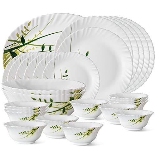 Larah by Borosil Fluted Series Green Herbs Opalware Dinner S...