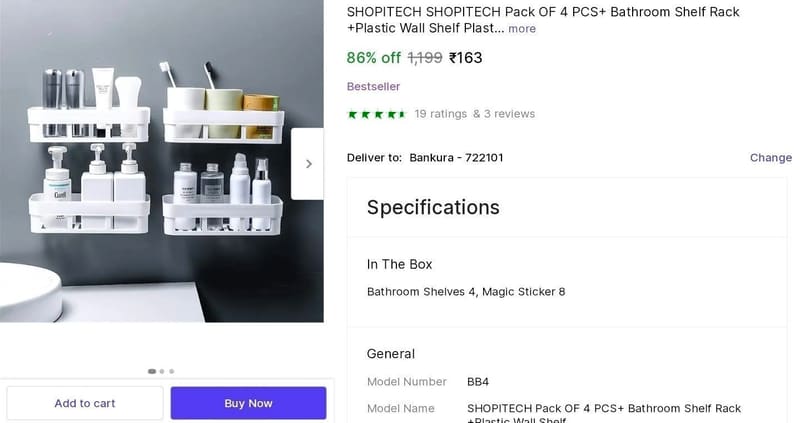 🔥  Set of 4 Bathroom Shelf at ₹163
