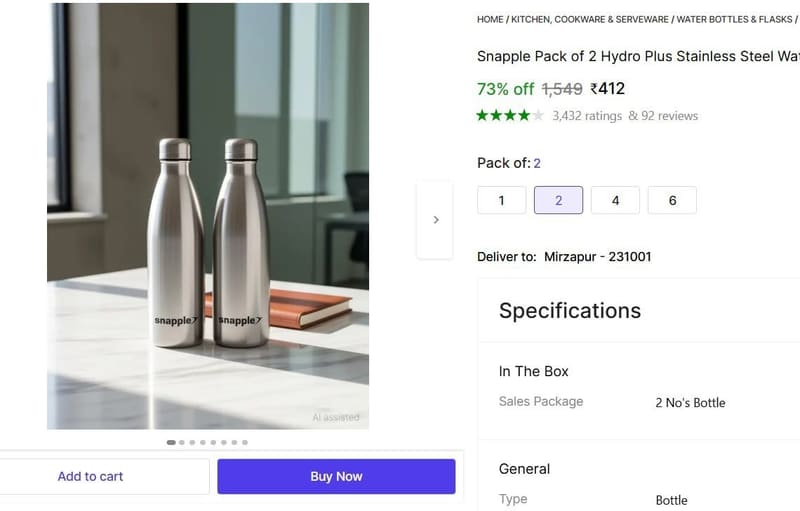 🔥  Pack of 2 Hydro Plus Stainless Steel Water Bottle @ ₹412