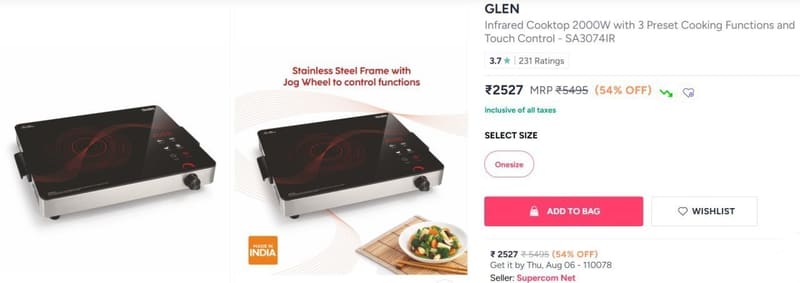 Myntra | GLEN Infrared Cooktop 2000W @ 2527/