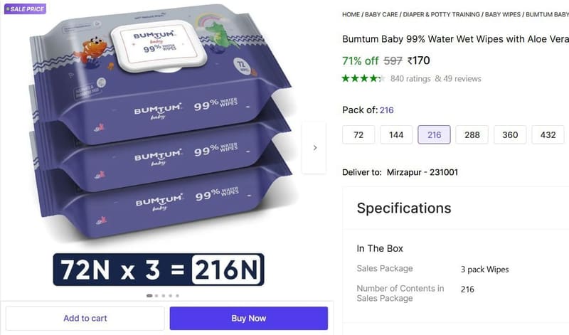 🔥  Bumtum Wet Wipes (Pack of 3) (216 Wipes) @ ₹170