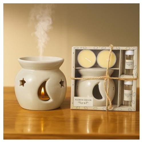 🛒 Floryn Decor Ceramic Oil Diffuser Set with 5ml Essential Oil & 2 Tealight Candles | Aromatherapy Burner for Home Bedroom, Spa & Office | Relaxing Fragrance, Compact Size –Gift Pack Cream