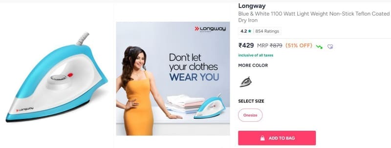 Myntra | Longway 1100W Dry Irons at 429/