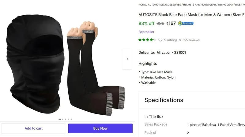🔥  Balaclava & 1 Pair of Arm Sleeves @ ₹167