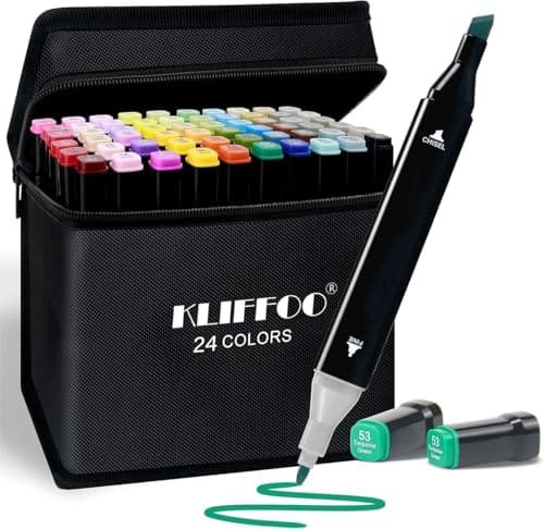 🛒 KLIFFOO Dual Tip Colorful Art Markers 24 Colors Sketch Pens With Carry Bag For Painting Sketching Calligraphy Drawing,Chisel & Fine Tip Water Based Colouring Marker For Kids & Adult,Multicolor (24)