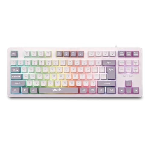 🛒 GEONIX Vintage KB4 Retro Style Chiclet Style Keyboard with 87 Keys, Rainbow Backlight, PVC Cable, Durable Body, Compact & Slim Design (White Grey)