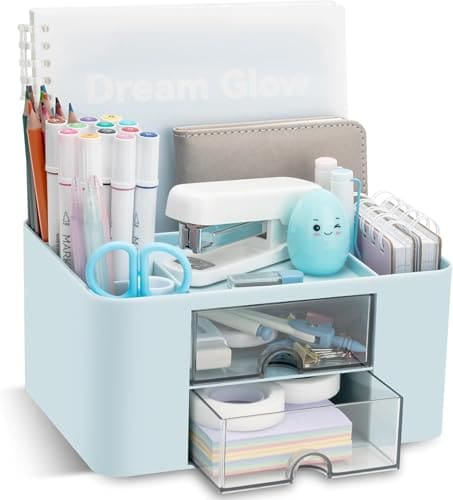 🛒 SHUTTLE ART Modern Desk Storage Organizer Box with 2 Drawers –Stackable Desk Organizer with Pen Holder and 5 Compartments – Perfect for Office, Home, School, Art Supplies, Crafts, and Stationery(Blue)