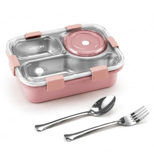 🛒 MILTON Meal Caddy Bento Stainless Steel Lunch Box, 3 Compartments, 4-Side Lock, with Tray, Spoon, Fork & Container for Kids, School, Office, Travel, BPA Free, 750 ml, Pink