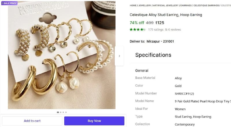 🔥  9 Pair Gold Plated Pearl Hoop Drop Tiny Studs Earrings @ ₹125