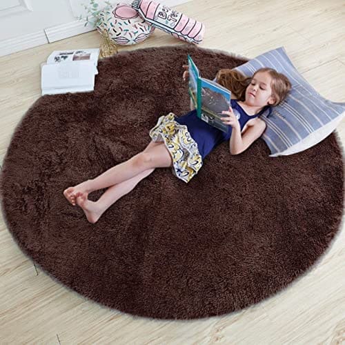 🛒 Gleckn Modern Polyester Anti Slip Round Shaggy Fluffy Fur Rug and Carpet for Runner,Kalin for Bedroom/Dinning Hall/Living Room,Round Carpets for Home (2 X 2 Feet, Brown)