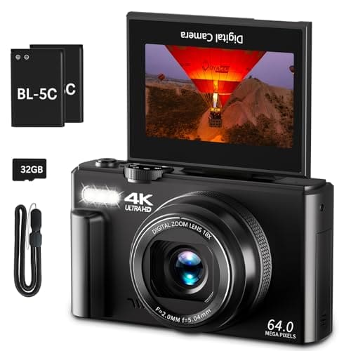 🛒 VJIANGER 4K Digital Camera For Photography, 64MP, 18X Digital Zoom Point And Shoot Vlogging Camera with 32GB Micro SD Card for Beginner, Youtube, Black