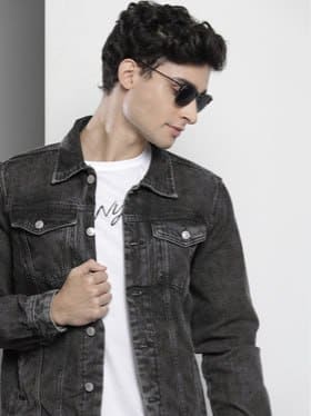 The Indian Garage Co Men Charcoal Grey Cotton Washed Denim Jacket