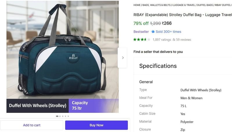 🔥  (Expandable) Strolley Duffel Bag With Wheels @ ₹266