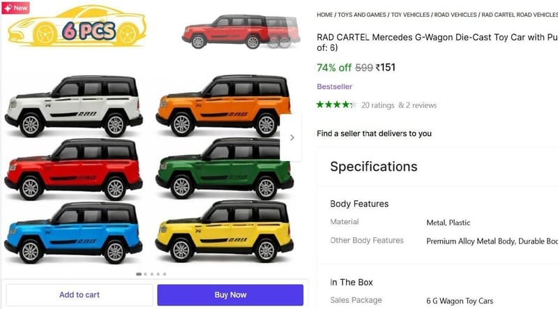 🔥  6 G Wagon Toy Cars @ ₹151
