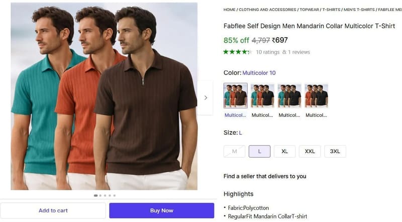 🔥  Men's Mandarin Collar Multicolor T-Shirt @ ₹697