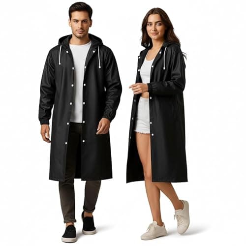 🛒 HACER EVA Rain Poncho rain coat for Men & Women, Lightweight Waterproof Raincoat with Hood, Adjustable Drawstring & Snap Button Closure, Reusable Outdoor Rainwear for Boys & Girls (Free Size, Black)