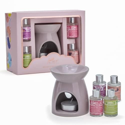 🛒 Pan Aromas Ceramic Oil Burner Gift Set – Cool Grey | 4 Fragrance Oils | Tealight Candle | Home Aromatherapy