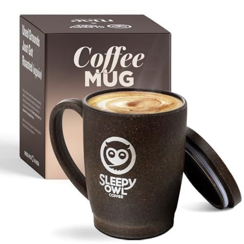 🛒 Sleepy Owl Coffee Mug with Lid | Crafted from Used Coffee Grounds | Eco-Friendly & Sustainable Cup | Microwave Safe | Spill Proof | Travel Friendly | Office | Home | Premium Gift | 370ml 1 Piece
