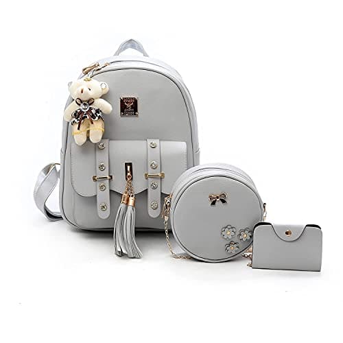 🛒 floki Fashion Girls 3-Pcs Fashion Cute Mini Leather Backpack Sling Bag & Pouch Set For Women's/Gift For Girl (Grey), Medium