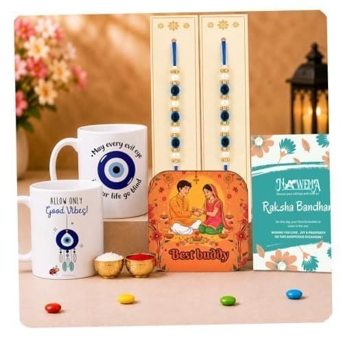 🛒 nawema Raksha Bandhan Gift Set for Brothers | 2 Big Brother & Little Brother Printed Mugs, 2 Evil Eye Rakhis, Fridge Magnet, Greeting Card & Roli Chawal