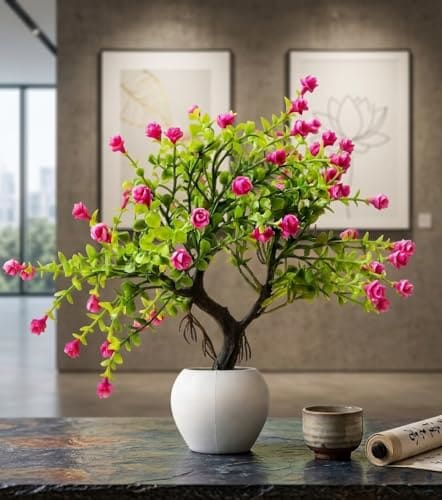 🛒 Artificial Pink Flower Bonsai Plant In White Pot , Faux Plant For Home Décoration , Living Room Decoration , Indoor Plant , Flower Pot For Garden , Tabletop Décor , Gift Item , Indoor & Outdoor Decor