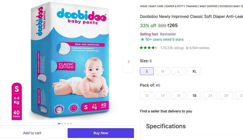 🔥  Doobidoo Baby Pant 4-8 Kg - S (40 Pieces) @ ₹265
